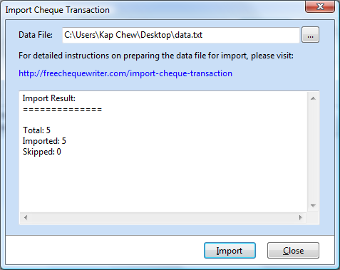 Import Cheque Transaction