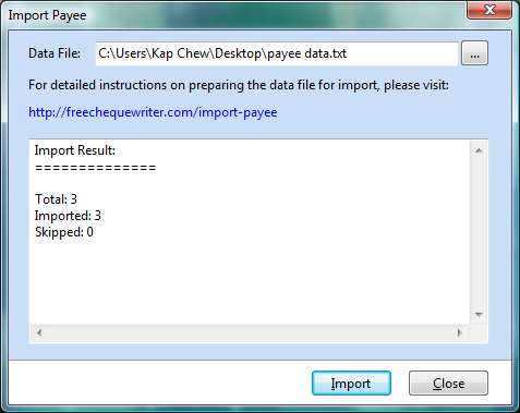 Import Payee Import Payee