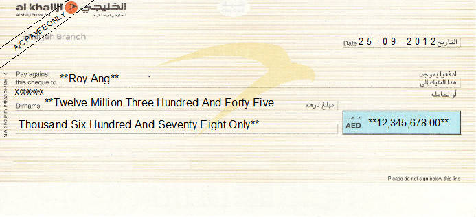 Printed Cheque of Al Khaliji Bank in UAE Printed Cheque of Al Khaliji Bank in UAE