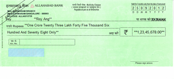 Printed Cheque of Allahabad Bank India Printed Cheque of Allahabad Bank India