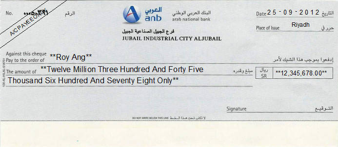 Printed Cheque of Arab National Bank (ANB) Saudi Arabia Printed Cheque of Arab National Bank (ANB) Saudi Arabia