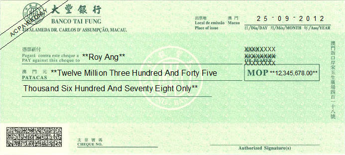 Printed Cheque of Banco Tai Fung - 大豐銀行 in Macau Printed Cheque of Banco Tai Fung - 大豐銀行 in Macau