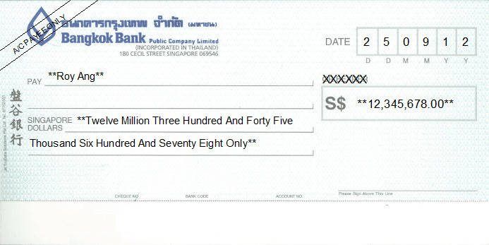 Printed Cheque of Bangkok Bank - 盤谷銀行 in Singapore Printed Cheque of Bangkok Bank - 盤谷銀行 in Singapore