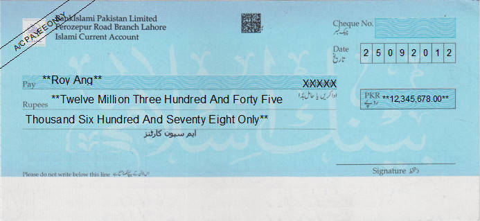 Printed Cheque of BankIslami Pakistan Printed Cheque of BankIslami Pakistan