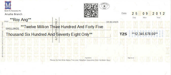Printed Cheque of Bank M in Tanzania Printed Cheque of Bank M in Tanzania