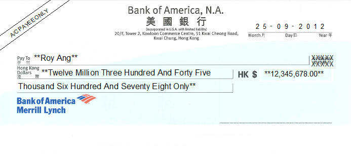 Printed Cheque of Bank of America in Hong Kong (美國銀行) Printed Cheque of Bank of America in Hong Kong (美國銀行)