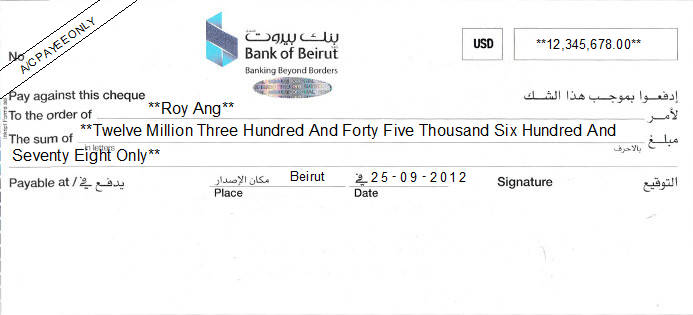 Printed Cheque of Bank of Beirut in Lebanon Printed Cheque of Bank of Beirut in Lebanon