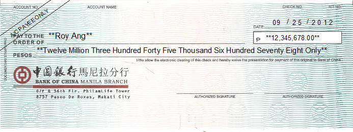 Printed Cheque of Bank of China (中國銀行) in Philippines Printed Cheque of Bank of China (中國銀行) in Philippines