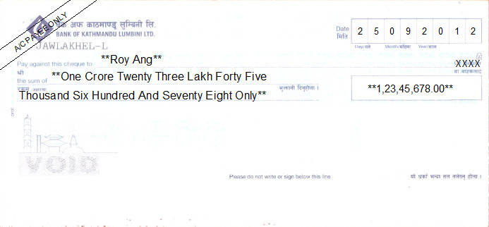 Printed Cheque of Bank of Kathmandu Lumbini in Nepal
