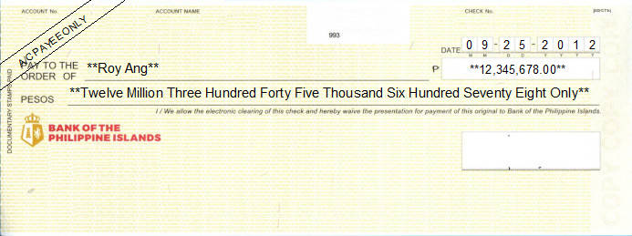Printed Cheque of Bank of The Philippine Islands (Personal) Printed Cheque of Bank of The Philippine Islands (Personal)