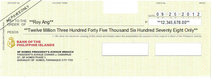 Printed Cheque of Bank of The Philippine Islands Printed Cheque of Bank of The Philippine Islands