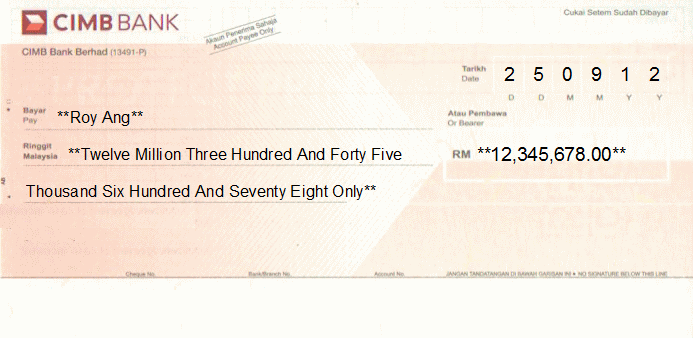 Printed Cheque of CIMB Bank in Malaysia Printed Cheque of CIMB Bank in Malaysia