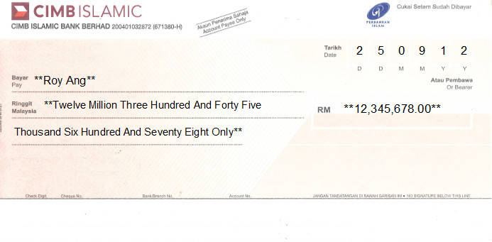 Printed Cheque of CIMB Islamic Bank in Malaysia Printed Cheque of CIMB Islamic Bank in Malaysia