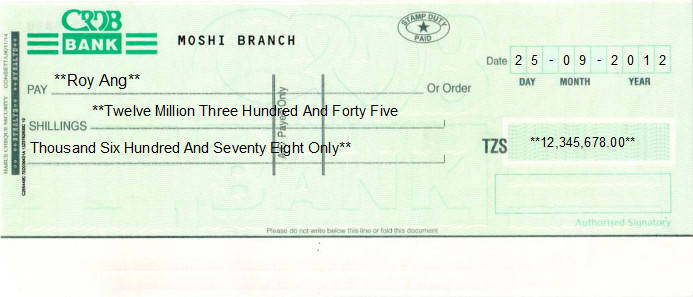 Printed Cheque of CRDB Bank in Tanzania Printed Cheque of CRDB Bank in Tanzania