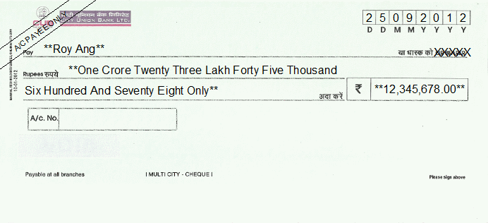 Printed Cheque of City Union Bank India Printed Cheque of City Union Bank India