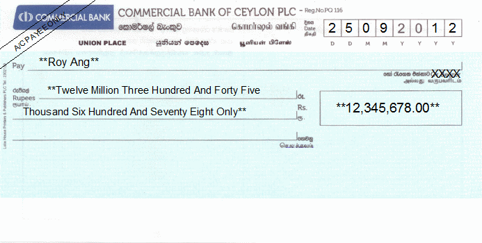 Printed Cheque of Commercial Bank of Ceylon in Sri Lanka Printed Cheque of Commercial Bank of Ceylon in Sri Lanka