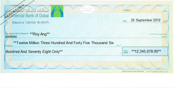 Printed Cheque of Commercial Bank of Dubai UAE Printed Cheque of Commercial Bank of Dubai UAE