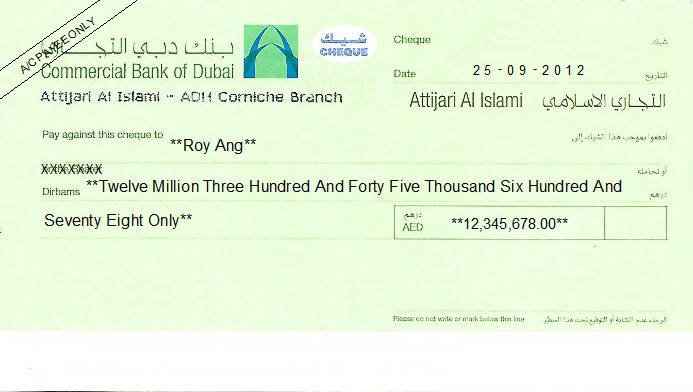 Printed Cheque of Commercial Bank of Dubai (Attijari Al Islami) UAE Printed Cheque of Commercial Bank of Dubai (Attijari Al Islami) UAE