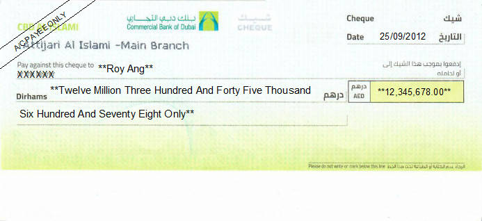 Printed Cheque of Commercial Bank of Dubai (Attijari Al Islami Personal) UAE Printed Cheque of Commercial Bank of Dubai (Attijari Al Islami Personal) UAE