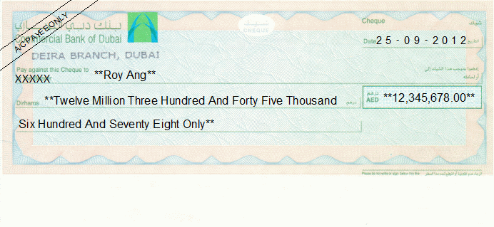 Printed Cheque of Commercial Bank of Dubai (Personal) UAE Printed Cheque of Commercial Bank of Dubai (Personal) UAE