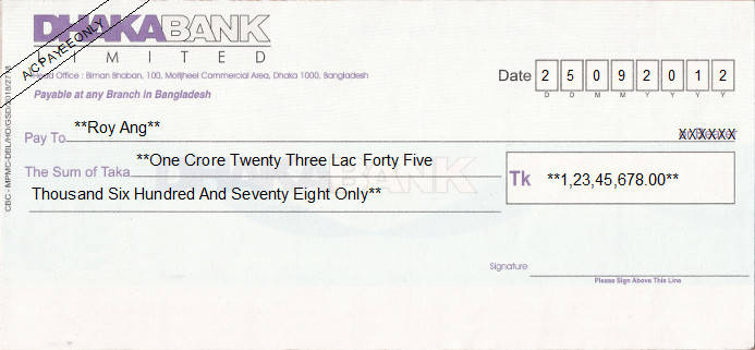 Printed Cheque of Dhaka Bank in Bangladesh Printed Cheque of Dhaka Bank in Bangladesh