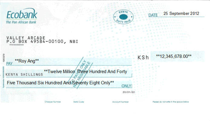 Printed Cheque of Ecobank in Kenya Printed Cheque of Ecobank in Kenya