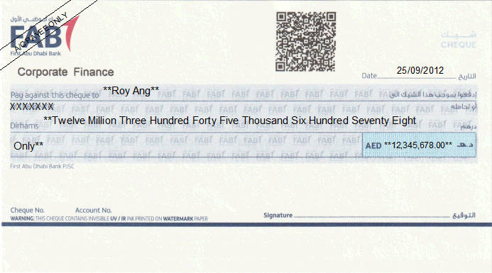 Printed Cheque of FAB Bank (First Abu Dhabi Bank) in UAE Printed Cheque of FAB Bank (First Abu Dhabi Bank) in UAE