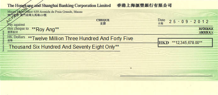 Printed Cheque of The Hongkong and Shanghai Bank (HKD) - 香港上海匯豐銀行 in Macau Printed Cheque of The Hongkong and Shanghai Bank (HKD) - 香港上海匯豐銀行 in Macau