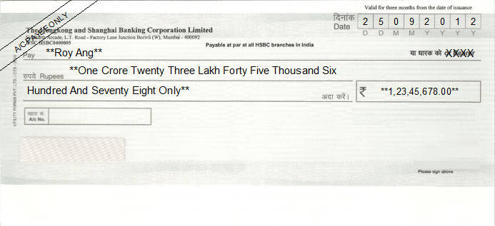 Printed Cheque of HSBC Bank in India Printed Cheque of HSBC Bank in India