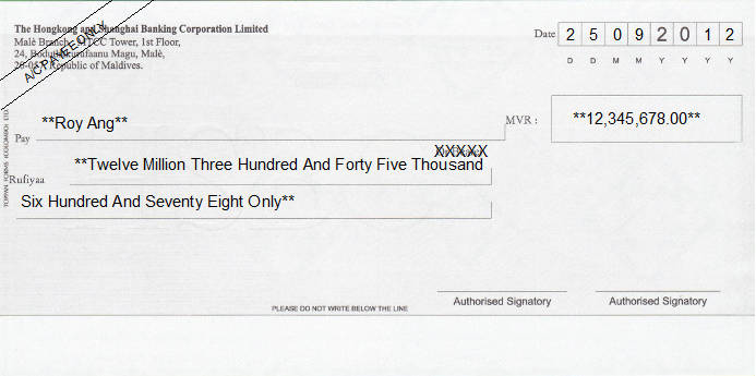 Printed Cheque of The Hongkong and Shanghai Bank - HSBC in Maldives Printed Cheque of The Hongkong and Shanghai Bank - HSBC in Maldives