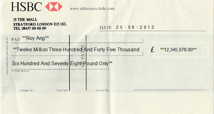 Printed Cheque of HSBC Bank in United Kingdom
