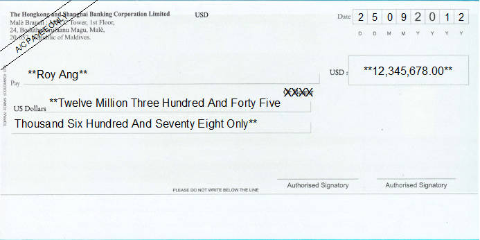 Printed Cheque of The Hongkong and Shanghai Bank - HSBC (US Dollar) in Maldives Printed Cheque of The Hongkong and Shanghai Bank - HSBC (US Dollar) in Maldives