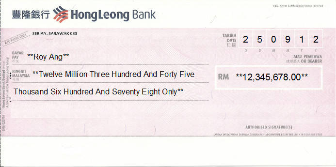 Printed Cheque of Hong Leong Bank in Malaysia Printed Cheque of Hong Leong Bank in Malaysia