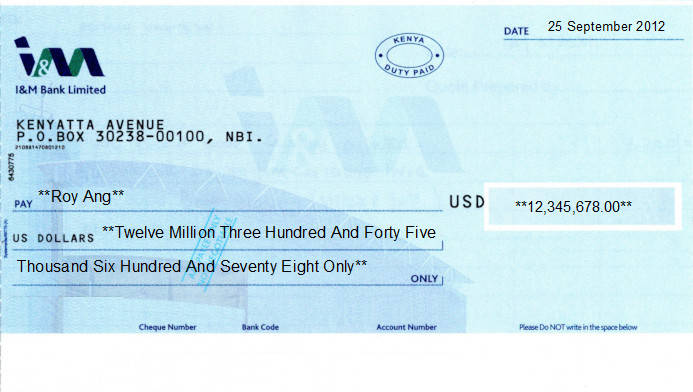 Printed Cheque of I&M Bank (USD) in Kenya Printed Cheque of I&M Bank (USD) in Kenya