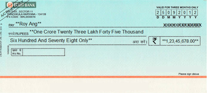 Printed Cheque of IDBI Bank India