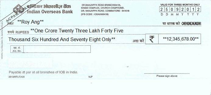 Printed Cheque of Indian Overseas Bank India Printed Cheque of Indian Overseas Bank India