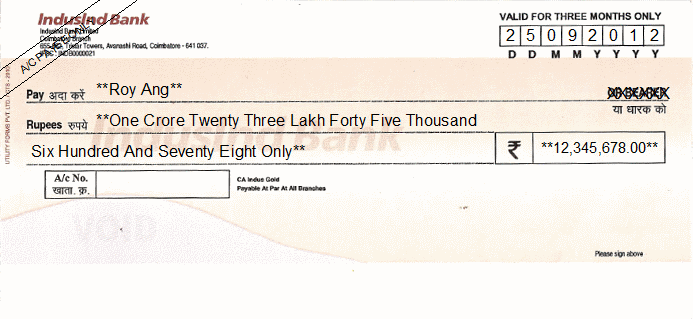 Printed Cheque of IndusInd Bank (Indus Gold) India Printed Cheque of IndusInd Bank (Indus Gold) India