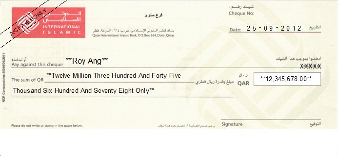 Printed Cheque of International Islamic Bank of Qatar Printed Cheque of International Islamic Bank of Qatar