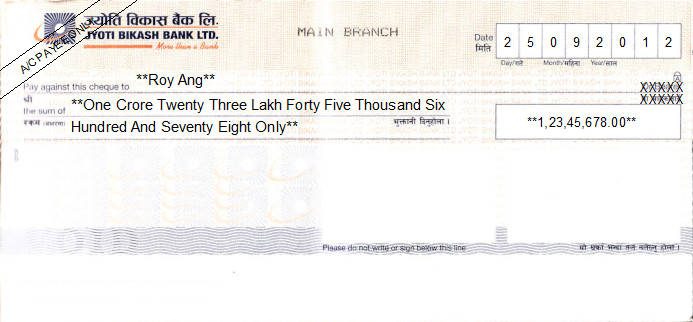 Printed Cheque of Jyoti Bikash Bank in Nepal