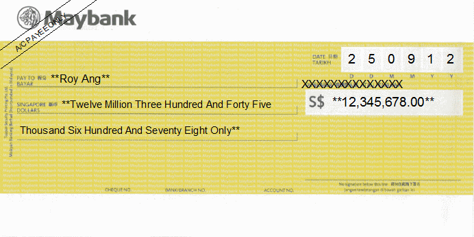 Printed Cheque of Maybank Singapore Printed Cheque of Maybank Singapore