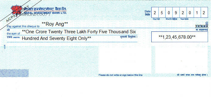 Printed Cheque of Nepal Investment Bank in Nepal