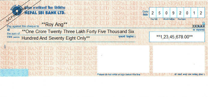 Printed Cheque of Nepal SBI Bank in Nepal