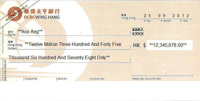 Printed Cheque of OCBC Wing Hang (Personal) in Hong Kong (華僑永亨銀行) Printed Cheque of OCBC Wing Hang (Personal) in Hong Kong (華僑永亨銀行)