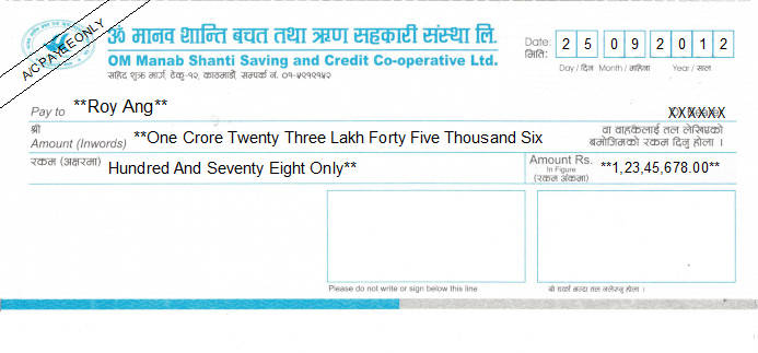 Printed Cheque of OM Manab Shanti Saving and Credit Co-operative in Nepal