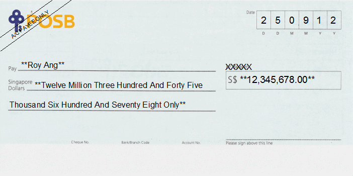 Printed Cheque of POSB Bank Singapore Printed Cheque of POSB Bank Singapore