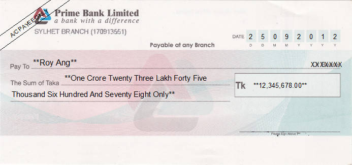 Printed Cheque of Prime Bank Limited in Bangladesh Printed Cheque of Prime Bank Limited in Bangladesh