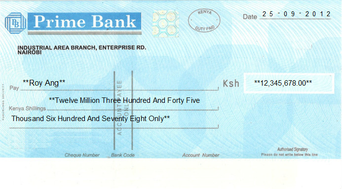 Printed Cheque of Prime Bank in Kenya Printed Cheque of Prime Bank in Kenya