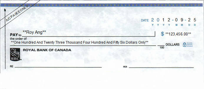 Printed Cheque of Royal Bank of Canada (RBC) Printed Cheque of Royal Bank of Canada (RBC)