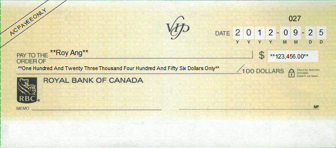 Printed Cheque of Royal Bank of Canada (RBC) - VIP Printed Cheque of Royal Bank of Canada (RBC) - VIP