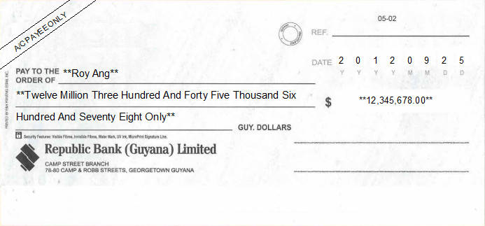 Printed Cheque of Republic Bank in Guyana Printed Cheque of Republic Bank in Guyana